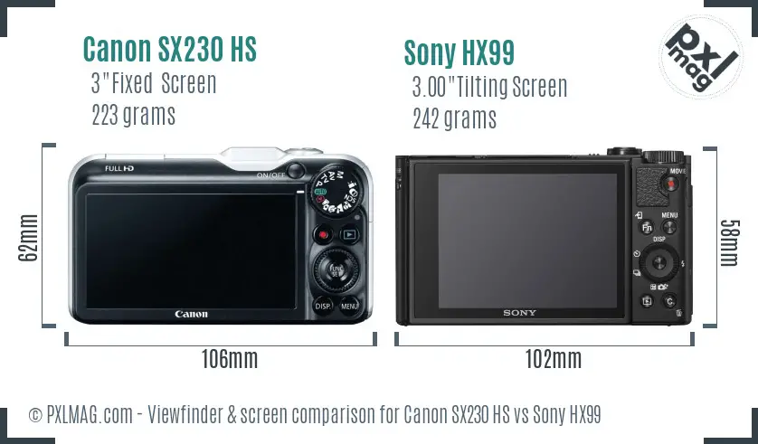 Canon SX230 HS vs Sony HX99 Screen and Viewfinder comparison