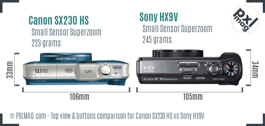 Canon SX230 HS vs Sony HX9V top view buttons comparison