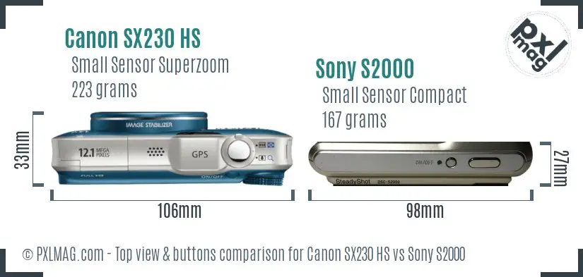 Canon SX230 HS vs Sony S2000 top view buttons comparison Canon SX230 HS vs Sony S2000 top view buttons comparison