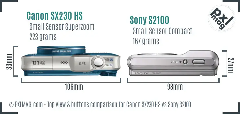 Canon SX230 HS vs Sony S2100 top view buttons comparison
