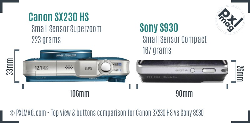 Canon SX230 HS vs Sony S930 top view buttons comparison