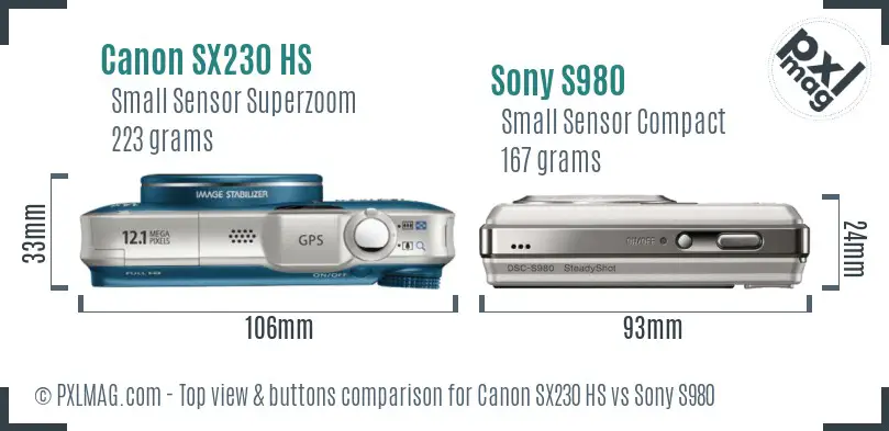 Canon SX230 HS vs Sony S980 top view buttons comparison