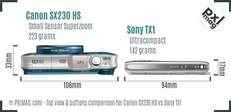 Canon SX230 HS vs Sony TX1 top view buttons comparison