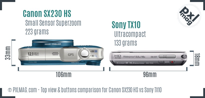 Canon SX230 HS vs Sony TX10 top view buttons comparison