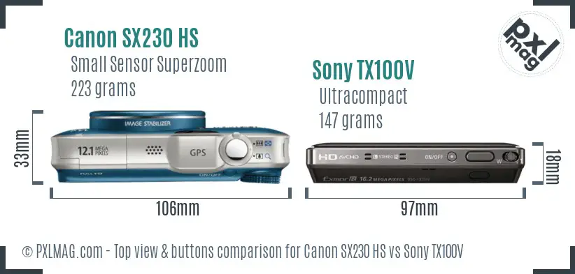 Canon SX230 HS vs Sony TX100V top view buttons comparison