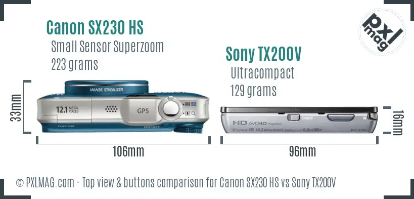 Canon SX230 HS vs Sony TX200V top view buttons comparison Canon SX230 HS vs Sony TX200V top view buttons comparison