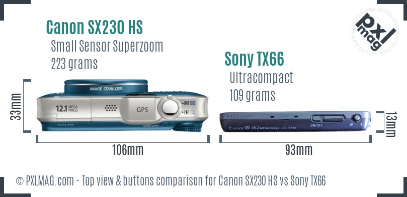 Canon SX230 HS vs Sony TX66 top view buttons comparison