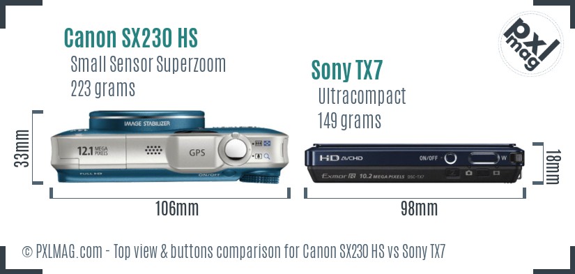 Canon SX230 HS vs Sony TX7 top view buttons comparison
