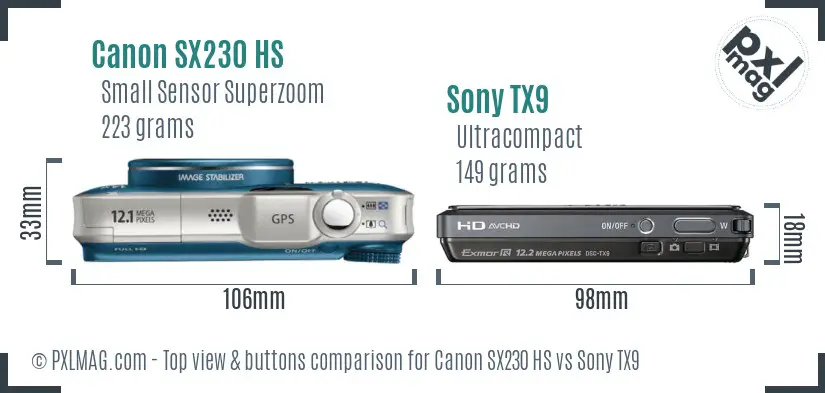 Canon SX230 HS vs Sony TX9 top view buttons comparison Canon SX230 HS vs Sony TX9 top view buttons comparison