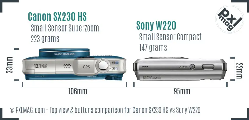 Canon SX230 HS vs Sony W220 top view buttons comparison Canon SX230 HS vs Sony W220 top view buttons comparison