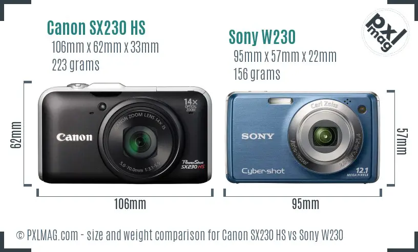 Canon SX230 HS vs Sony W230 size comparison