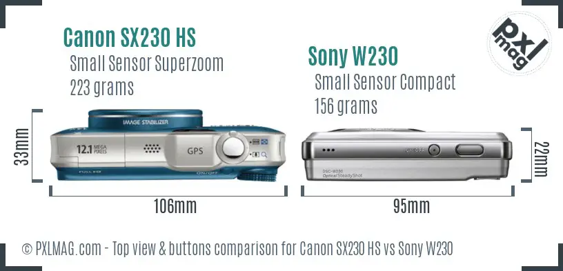 Canon SX230 HS vs Sony W230 top view buttons comparison
