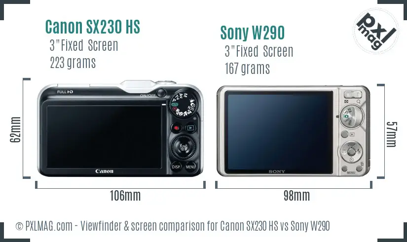 Canon SX230 HS vs Sony W290 Screen and Viewfinder comparison