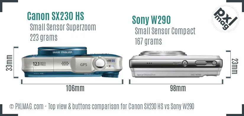 Canon SX230 HS vs Sony W290 top view buttons comparison