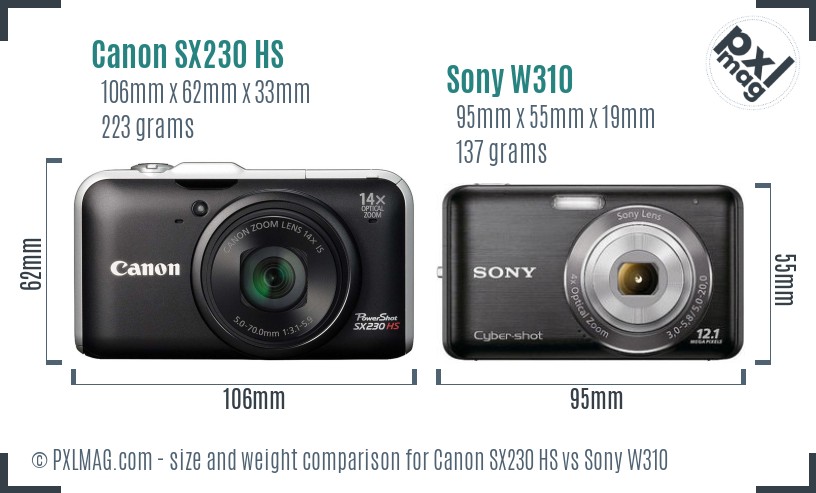 Canon SX230 HS vs Sony W310 size comparison