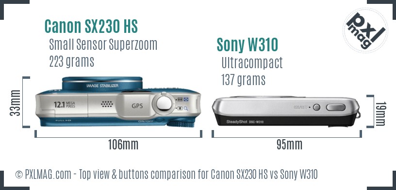 Canon SX230 HS vs Sony W310 top view buttons comparison