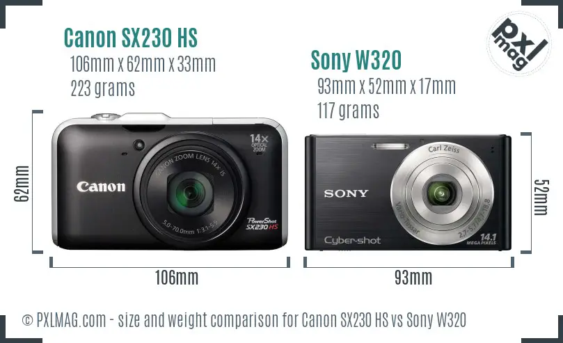 Canon SX230 HS vs Sony W320 size comparison