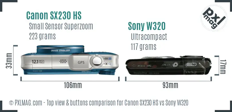 Canon SX230 HS vs Sony W320 top view buttons comparison