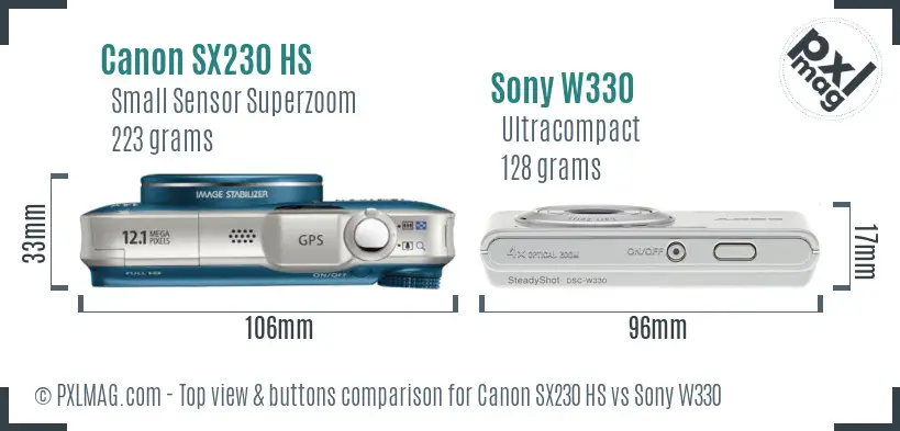 Canon SX230 HS vs Sony W330 top view buttons comparison