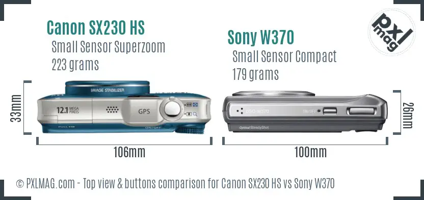Canon SX230 HS vs Sony W370 top view buttons comparison Canon SX230 HS vs Sony W370 top view buttons comparison