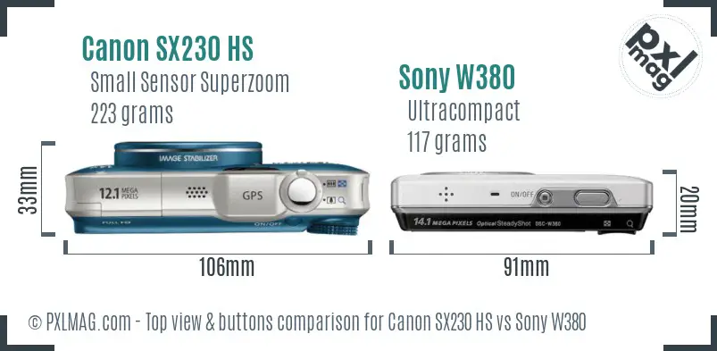 Canon SX230 HS vs Sony W380 top view buttons comparison Canon SX230 HS vs Sony W380 top view buttons comparison