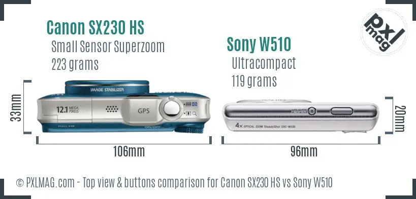 Canon SX230 HS vs Sony W510 top view buttons comparison