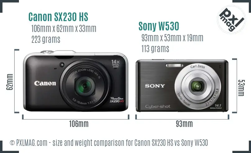 Canon SX230 HS vs Sony W530 size comparison