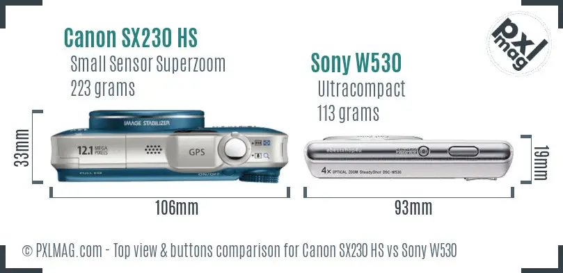 Canon SX230 HS vs Sony W530 top view buttons comparison