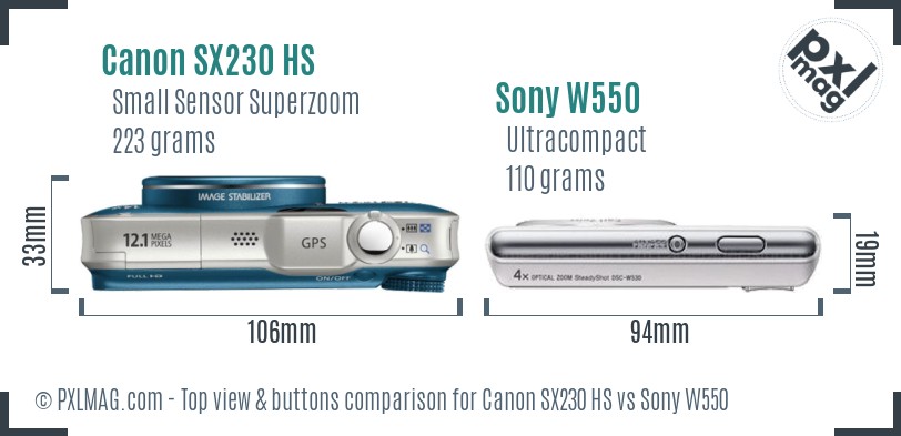 Canon SX230 HS vs Sony W550 top view buttons comparison