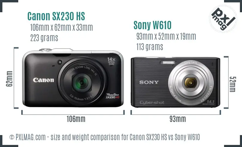 Canon SX230 HS vs Sony W610 size comparison