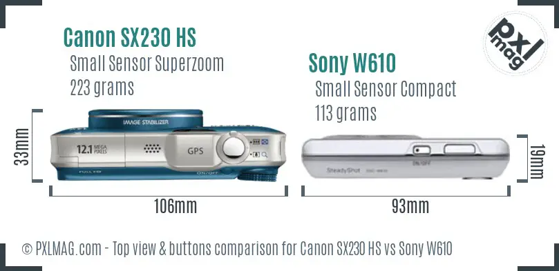 Canon SX230 HS vs Sony W610 top view buttons comparison