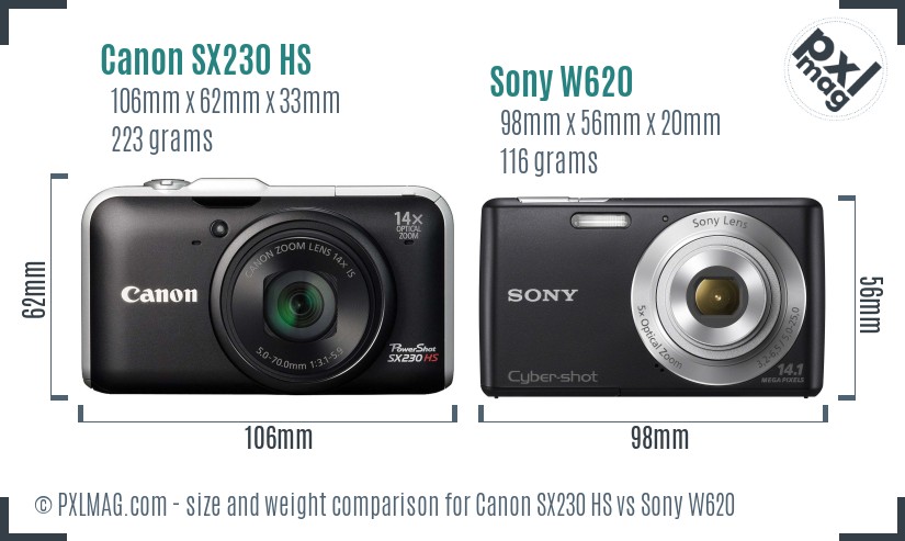 Canon SX230 HS vs Sony W620 size comparison