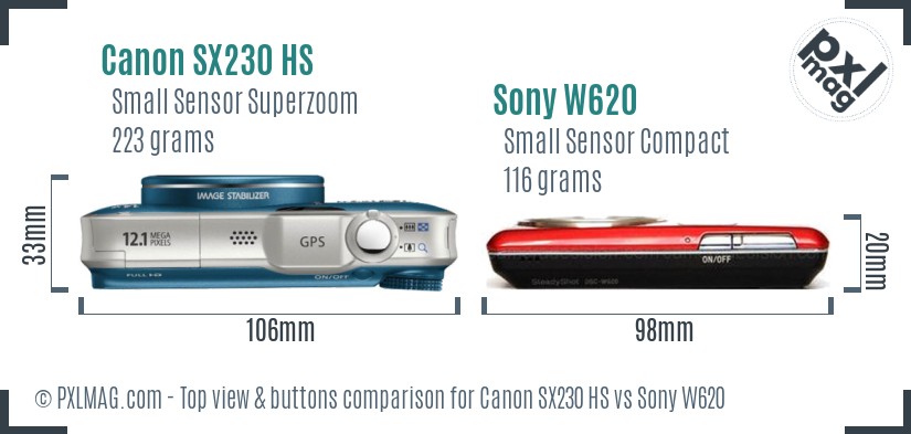 Canon SX230 HS vs Sony W620 top view buttons comparison