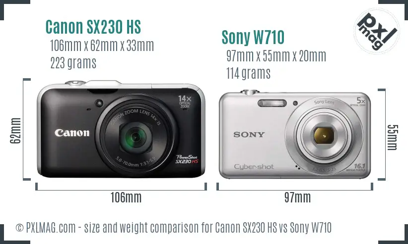Canon SX230 HS vs Sony W710 size comparison