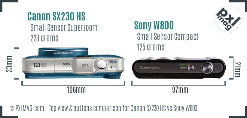 Canon SX230 HS vs Sony W800 top view buttons comparison