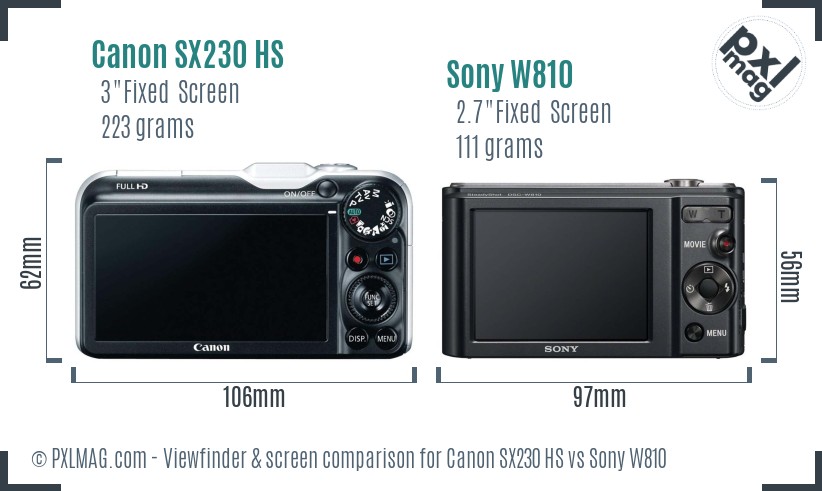 Canon SX230 HS vs Sony W810 Screen and Viewfinder comparison