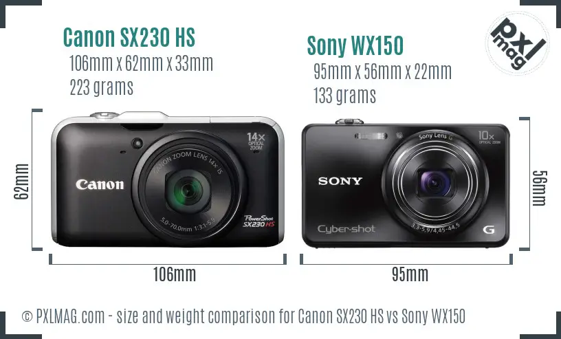 Canon SX230 HS vs Sony WX150 size comparison