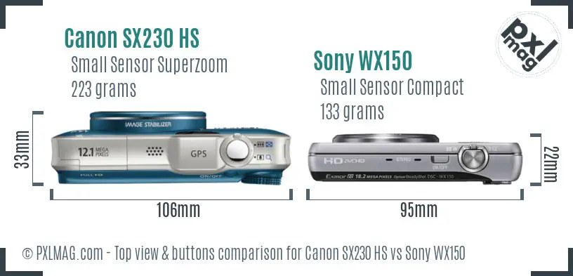 Canon SX230 HS vs Sony WX150 top view comparison