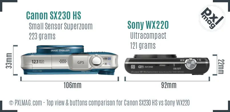 Canon SX230 HS vs Sony WX220 top view buttons comparison