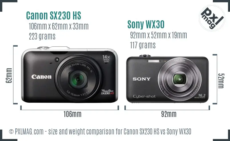 Canon SX230 HS vs Sony WX30 size comparison
