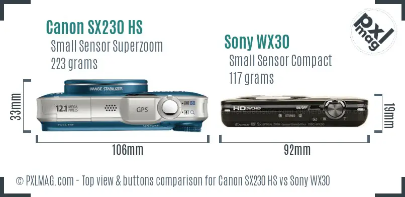 Canon SX230 HS vs Sony WX30 top view buttons comparison