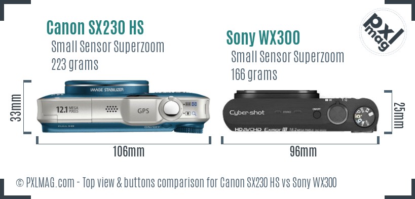 Canon SX230 HS vs Sony WX300 top view buttons comparison