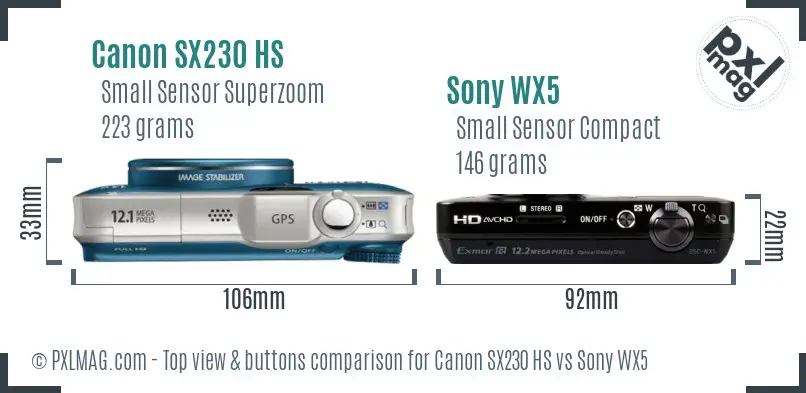 Canon SX230 HS vs Sony WX5 top view buttons comparison