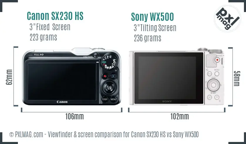 Canon SX230 HS vs Sony WX500 Screen and Viewfinder comparison