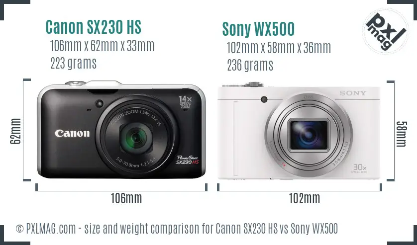 Canon SX230 HS vs Sony WX500 size comparison