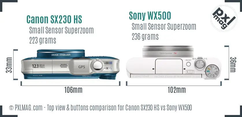 Canon SX230 HS vs Sony WX500 top view buttons comparison