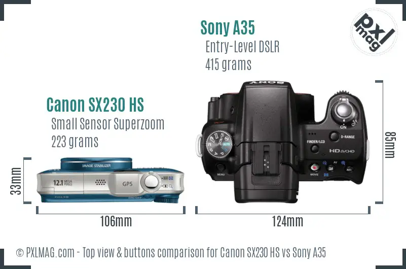 Canon SX230 HS vs Sony A35 top view buttons comparison Canon SX230 HS vs Sony A35 top view buttons comparison