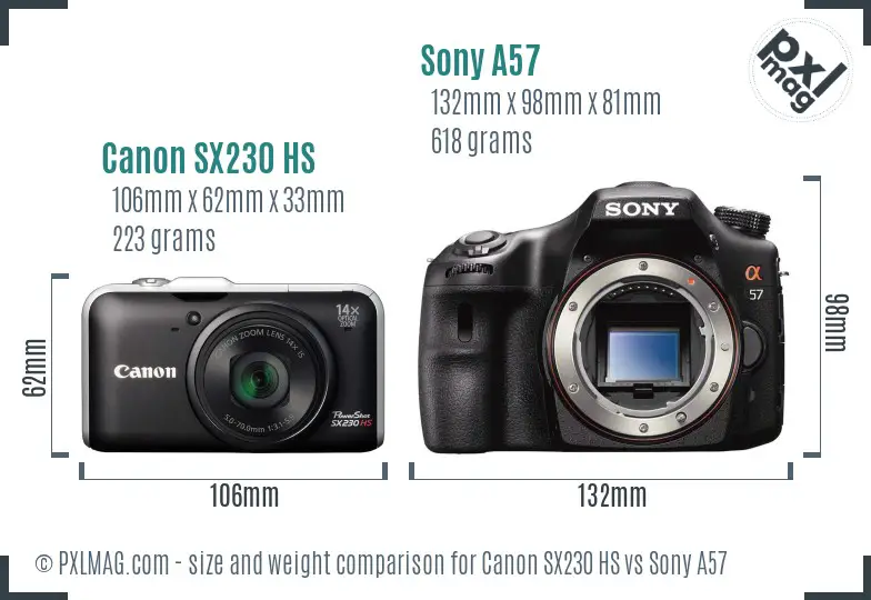 Canon SX230 HS vs Sony A57 size comparison