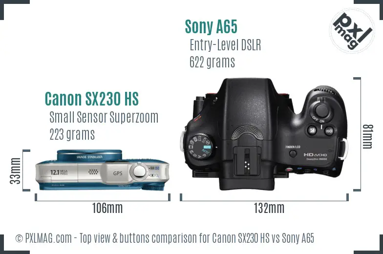 Canon SX230 HS vs Sony A65 top view buttons comparison
