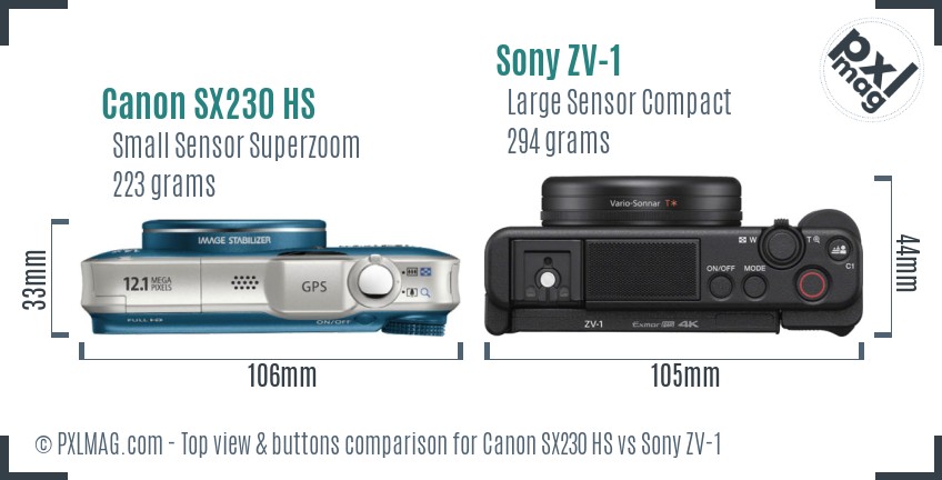 Canon SX230 HS vs Sony ZV-1 top view buttons comparison